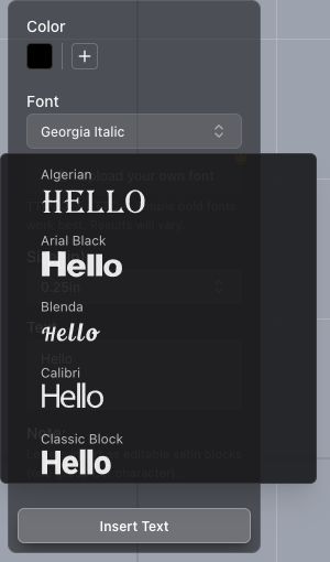 The font picker previews Hello in Algerian, Arial Black, Blenda, Calibri, and Classic Block.