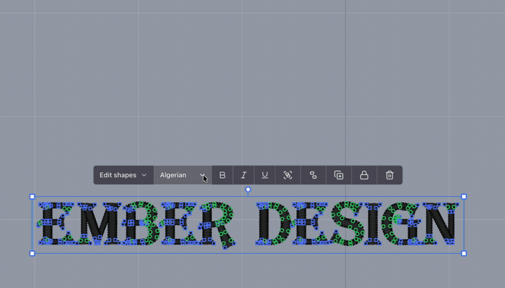 Animated demonstration of browsing fonts for Ember Design, with the lettering changing on the canvas as each font is previewed.