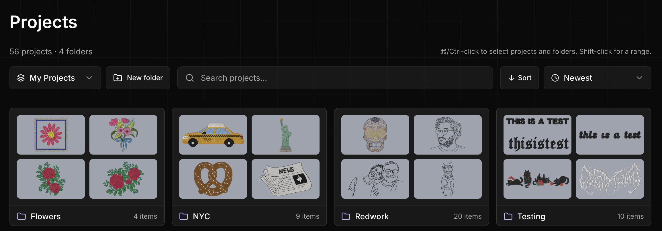 My projects with a New folder button and Flowers, NYC, Redwork, and Testing folders showing design previews and item counts.