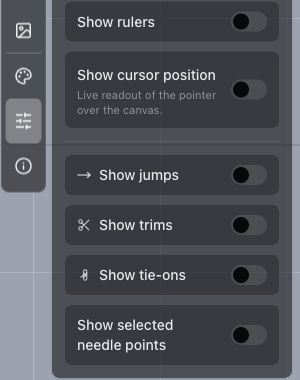 Visibility controls for rulers, cursor position, jumps, trims, tie-ons, and selected needle points, beside the selected sliders icon.