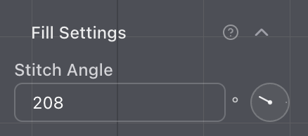 Fill Settings with Stitch Angle set to 208 degrees and a circular dial beside the field.