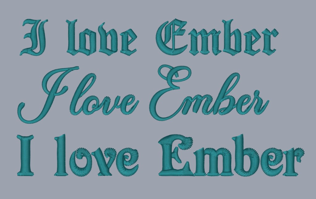 Three rows of teal embroidered lettering reading I love Ember, in a blackletter, a script, and a bold block style.