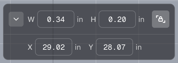 Dimensions bar opened to show width, height, a locked aspect-ratio icon, and X and Y position fields.