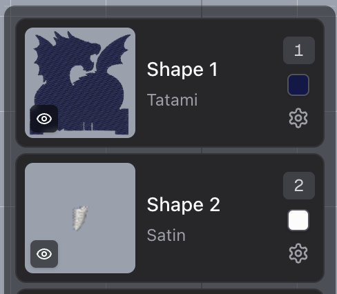 Sequencer cards for Shape 1 and Shape 2, each with an eye button, a sequence number, and a settings gear.