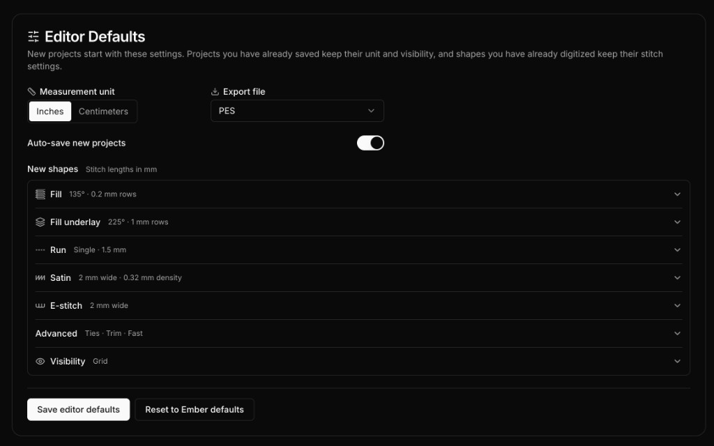 Editor Defaults in Settings, with inches selected, PES as the export file, auto-save on, and collapsed sections for fill, run, satin, and visibility.