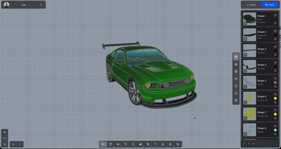 Animated demonstration of a green car design growing and shrinking from the center as a handle is dragged with Shift held.