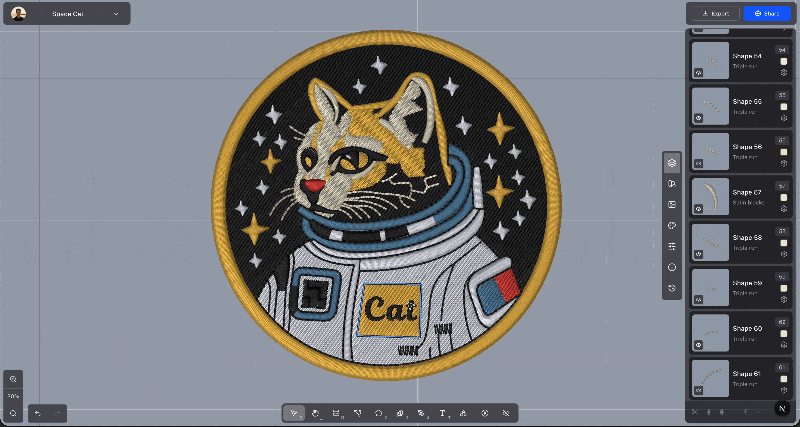 Animated demonstration of a blue outline following the pointer over an astronaut cat patch, then stepping through stacked shapes and down the sequencer.