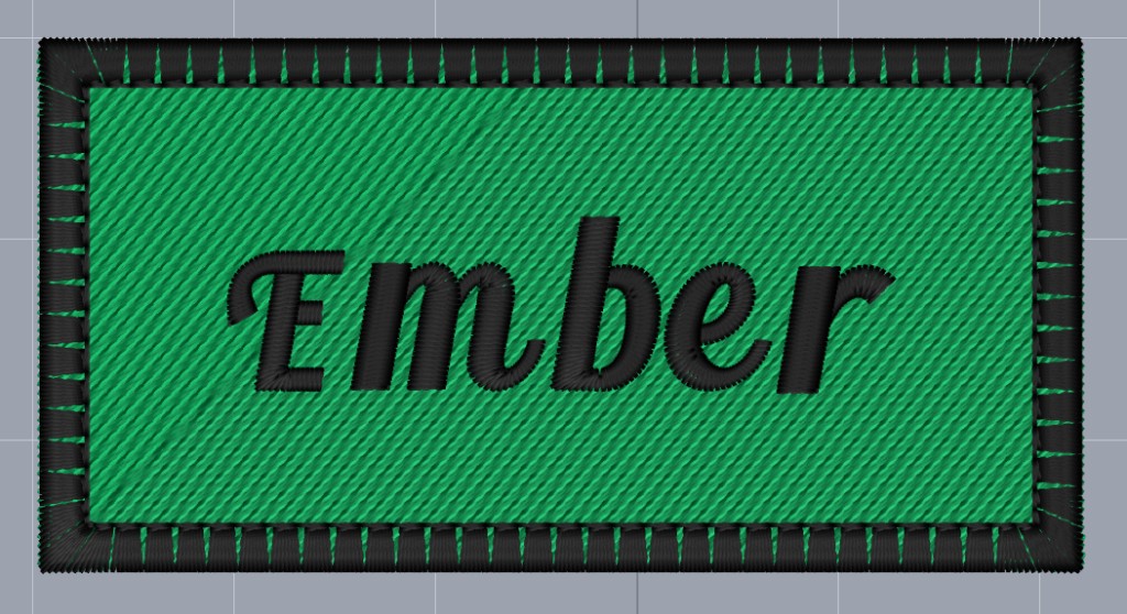 A rectangular patch with a green fill, black Ember lettering, and a black faux merrow border.