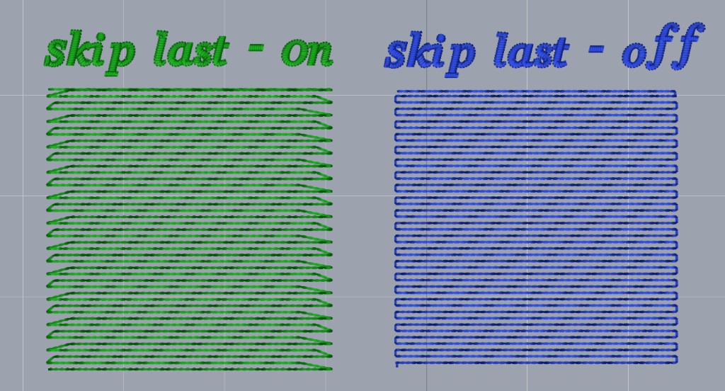 Two fills side by side. The green fill, labeled skip last - on, stops each row short. The blue fill, labeled skip last - off, sews each row through to the end.