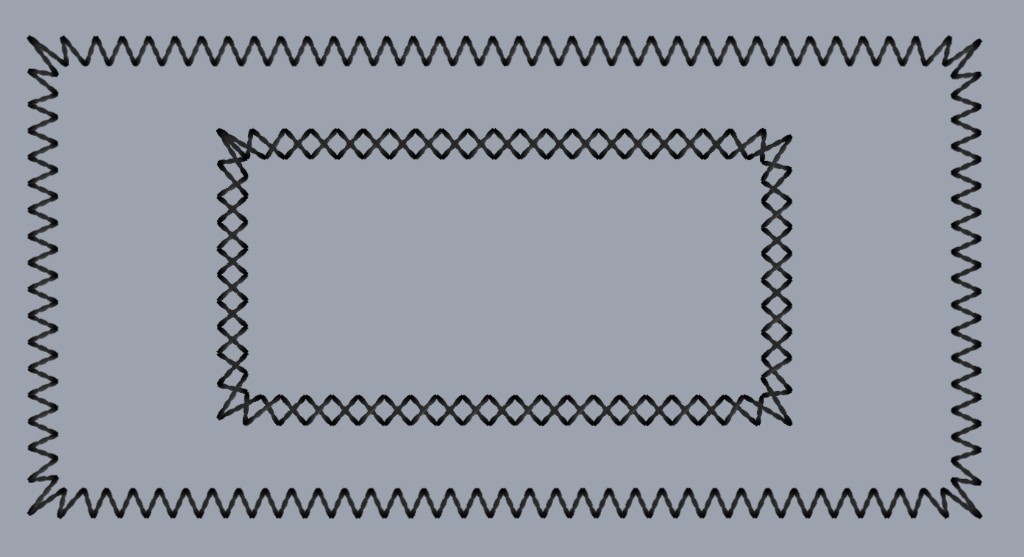 A large rectangle sewn as a single zigzag, with a smaller double zigzag rectangle inside it.