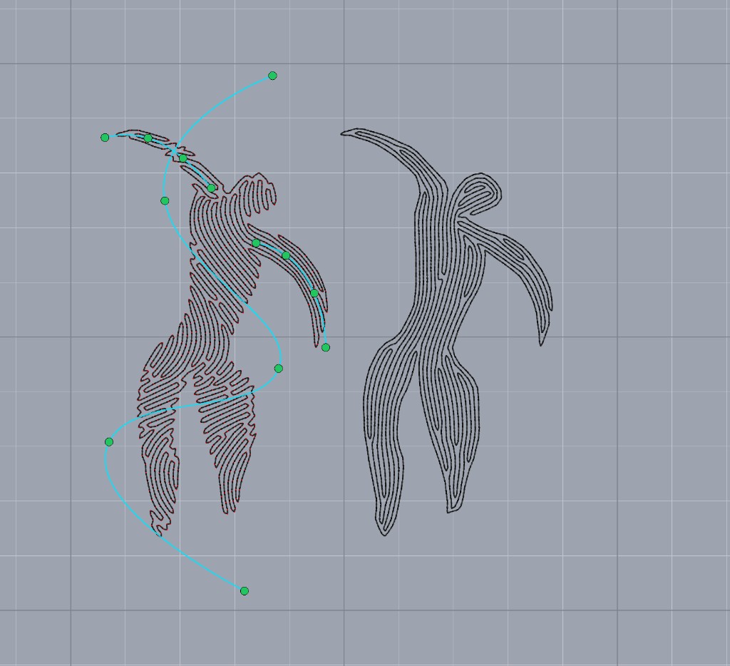 The same two figures in the editor. The Wave Fill on the left has several cyan flow-field guides with green points. The Contour fill on the right follows the outline with no guides.